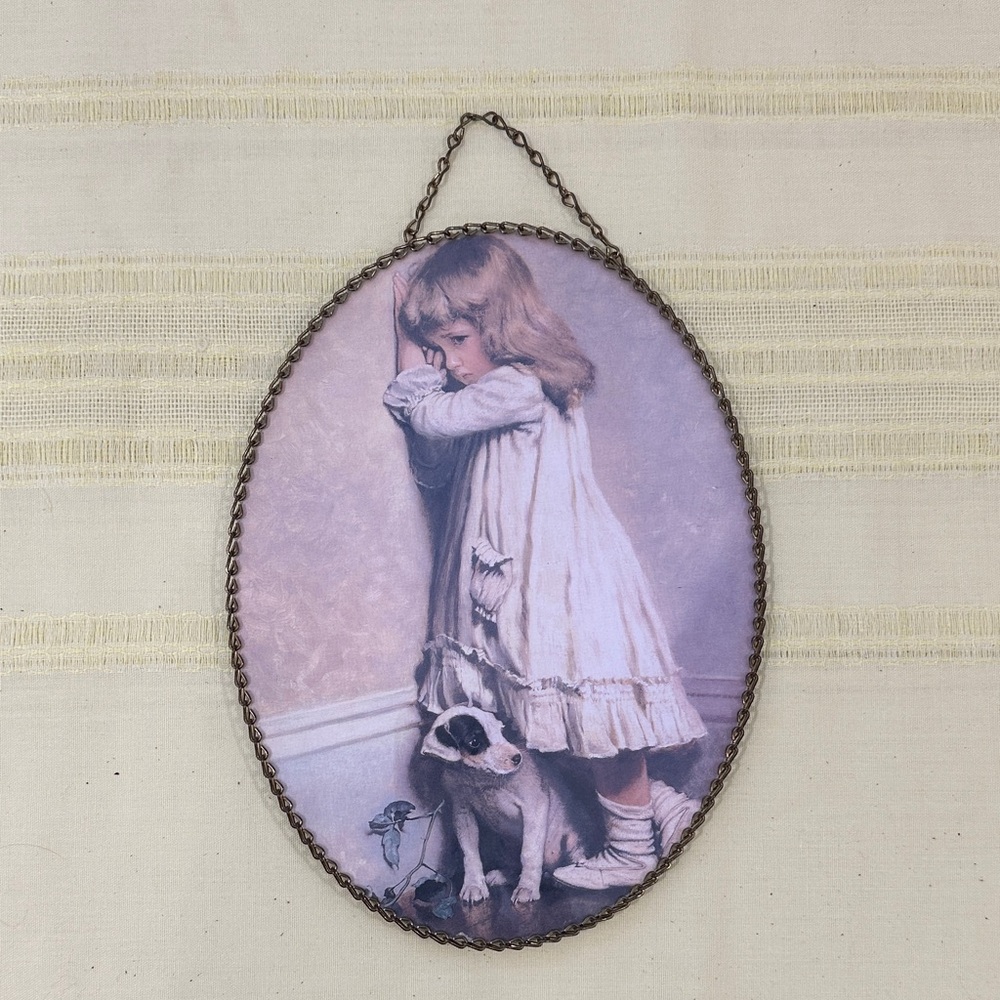 Vintage Style Oval Wall Art with Girl and Dog